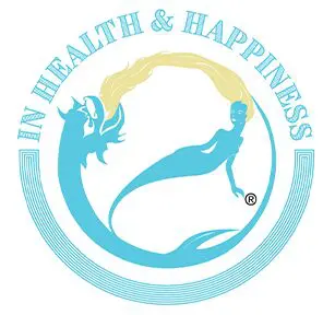 A blue circle with the words in health and happiness written underneath it.