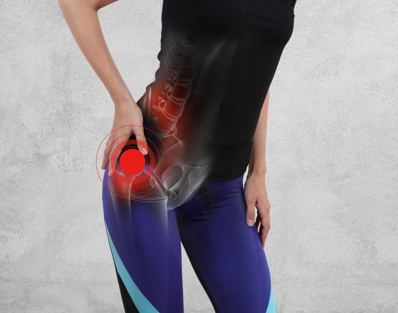 A woman holding her hip with the red object in front of her.