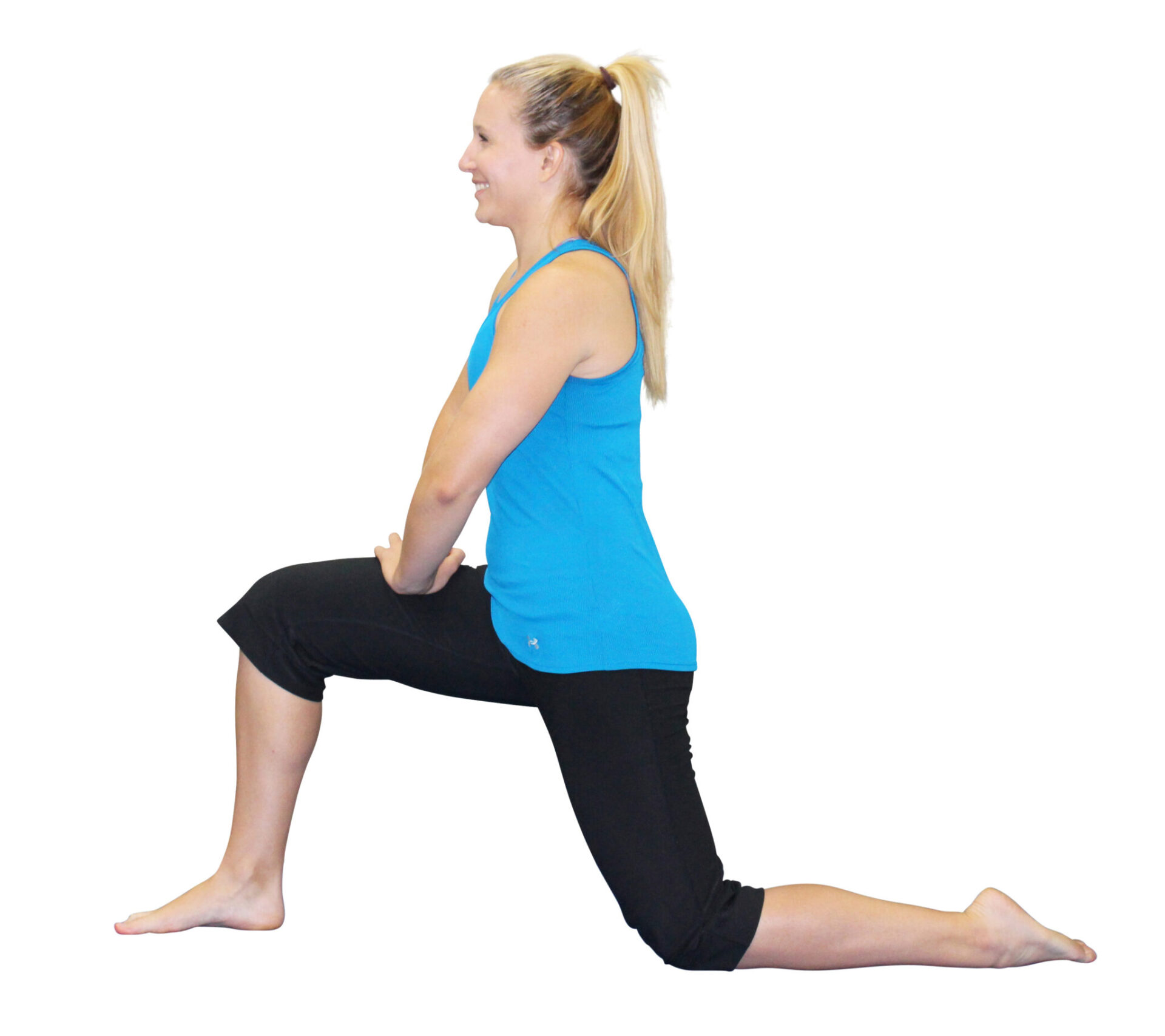 Woman in blue tank top doing a lunge.