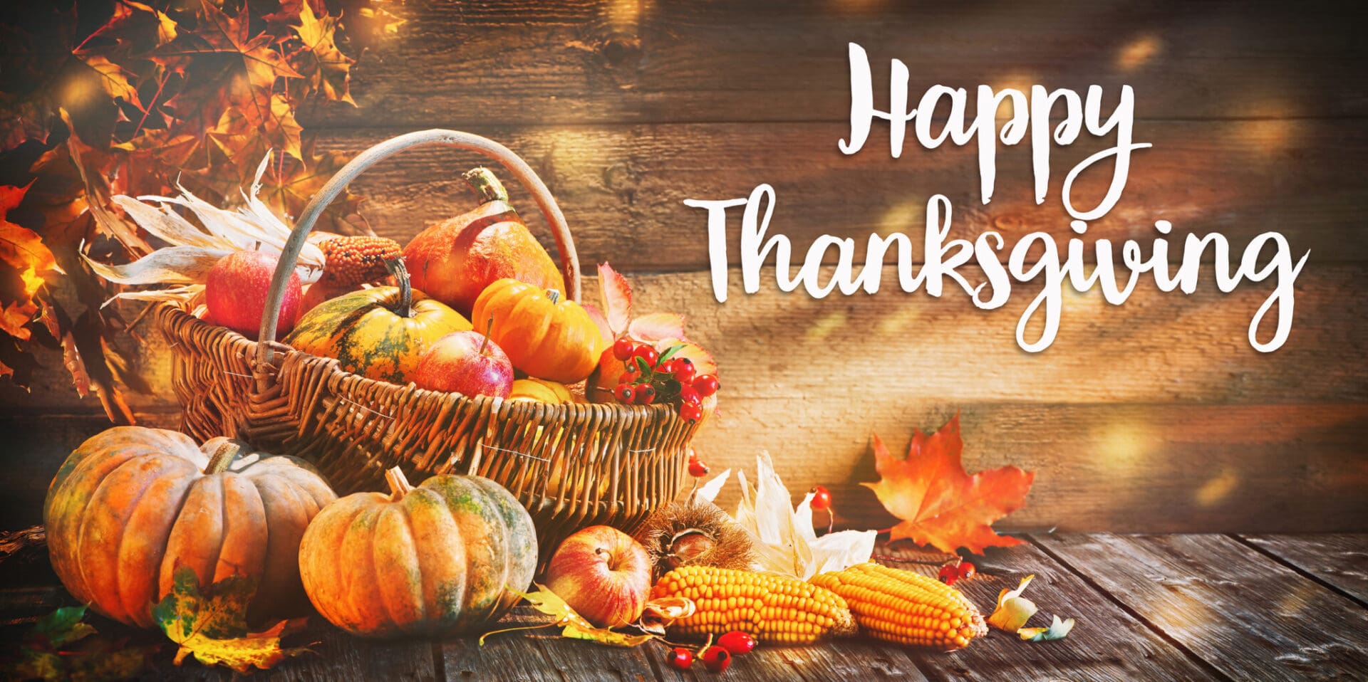 Happy Thanksgiving harvest basket with pumpkins.