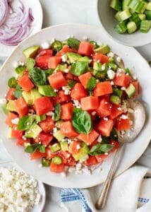 Watermelon, avocado, feta, basil salad.