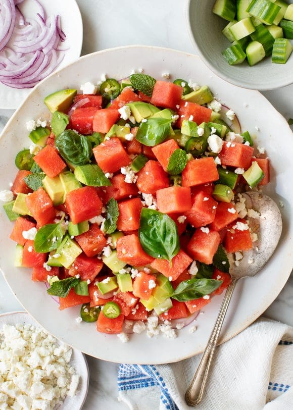 Watermelon, avocado, feta, basil salad.