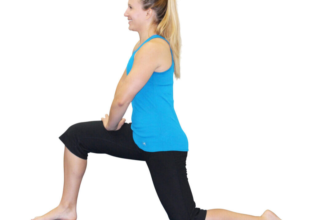 Woman in blue tank top doing a lunge.