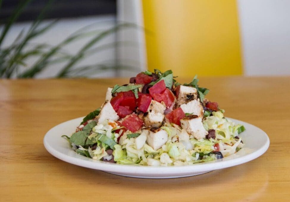 Grilled chicken salad with tomatoes and basil.