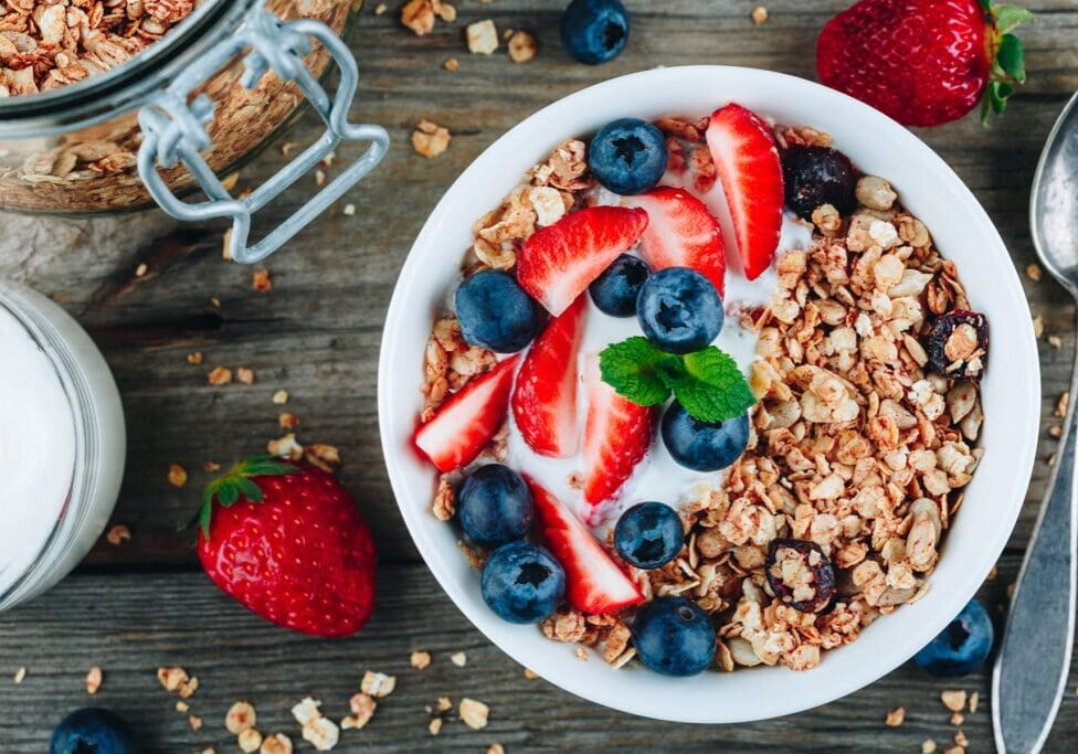 Granola bowl with berries and yogurt.