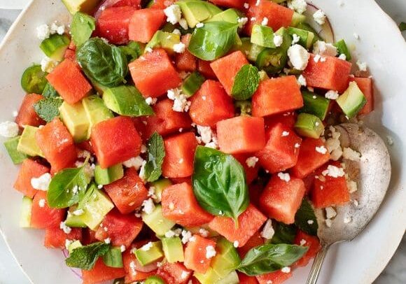 Watermelon, avocado, feta, basil salad.